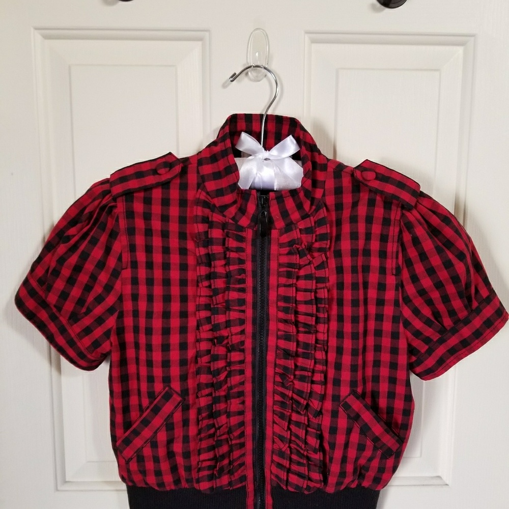 Red/black check jacket with ruffled front